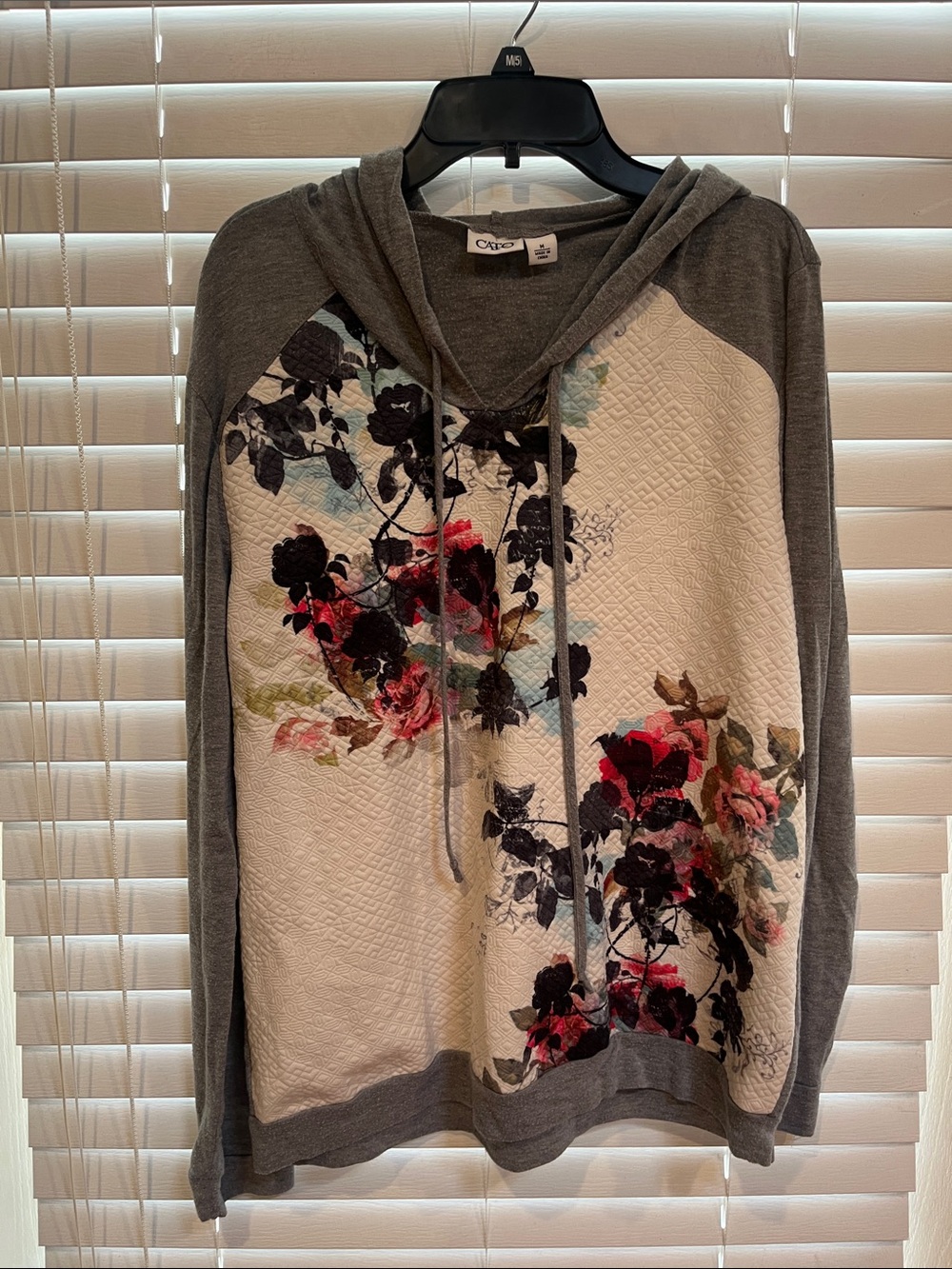 Cato Quilted Floral Hoodie Sweatshirt - Gray and Cream with Pink Accents